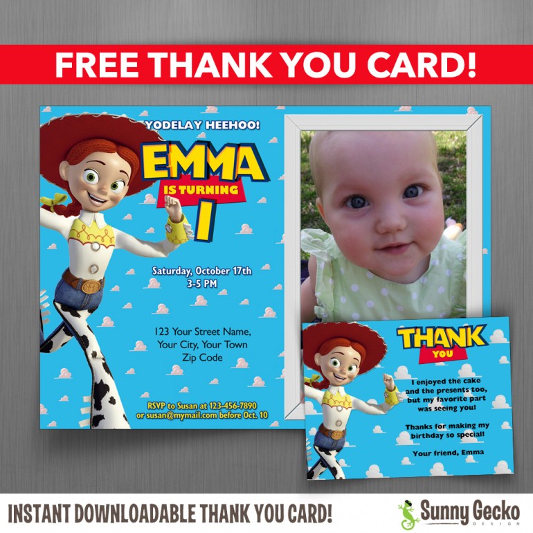Toy Story Jessie 7x5 or 6x4 in. Birthday Party Invitation with FREE editable Thank you Card